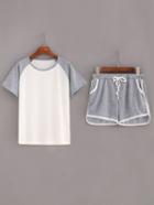 Romwe Contrast Raglan Sleeve Top With Drawstring Shorts