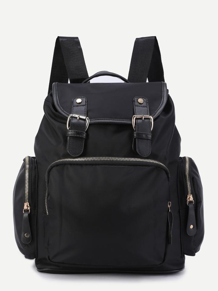 Romwe Black Three Pockets Buckle Strap Flap Nylon Backpack