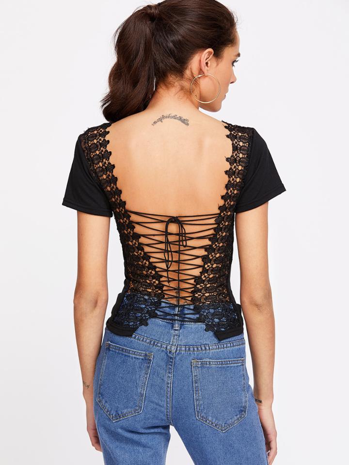 Romwe Backless Crochet Lace Up T-shirt