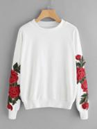 Romwe Drop Shoulder Rose Embroidered Applique Sleeve Sweatshirt