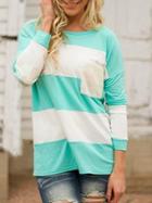 Romwe Color-block Long Sleeve Striped Pocket T-shirt