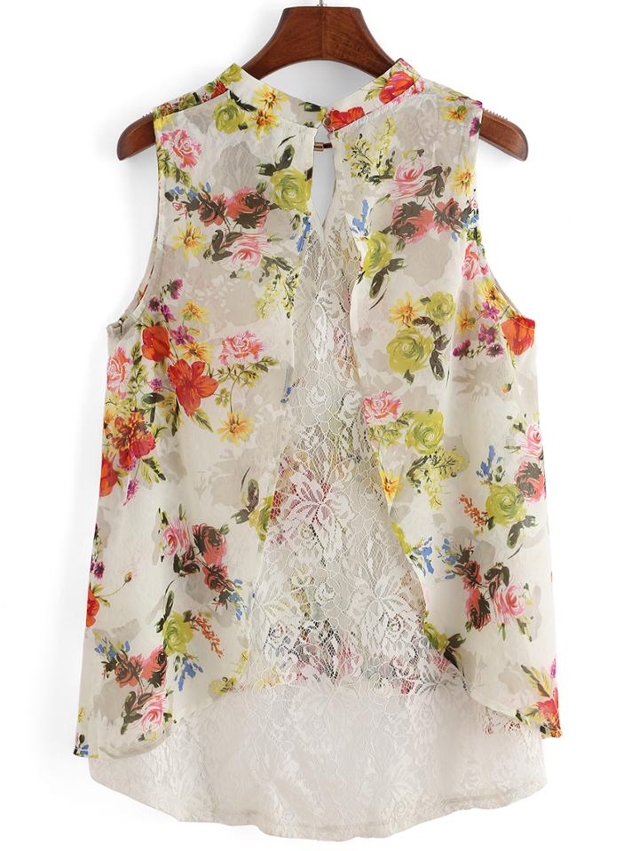 Romwe Lace Insert Florals Keyhole White Tank Top
