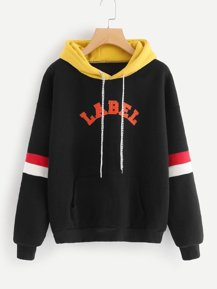 Romwe Contrast Striped Sleeve Kangaroo Pocket Hoodie