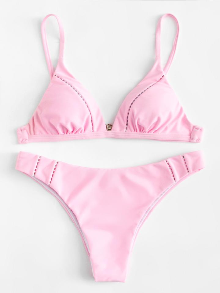 Romwe Lace Insert Solid Bikini Set