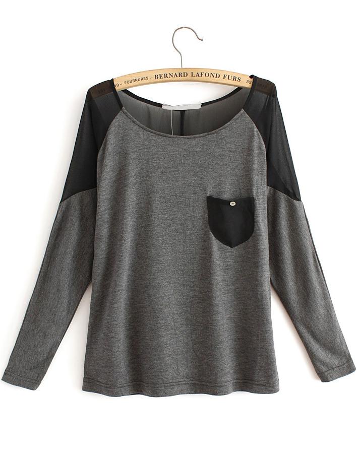 Romwe Contrast Sheer Pockets Dark Grey Blouse