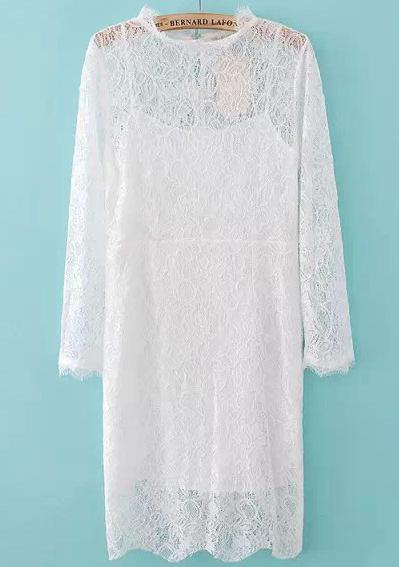 Romwe White Long Sleeve Sheer Lace Slim Dress
