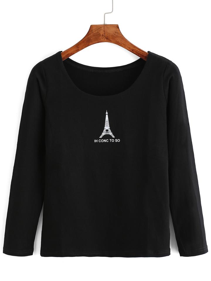Romwe Eiffel Tower Print Black T-shirt