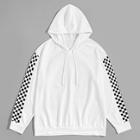 Romwe 1plus1 Guys Checkerboard Panel Print Hooded Sweatshirt
