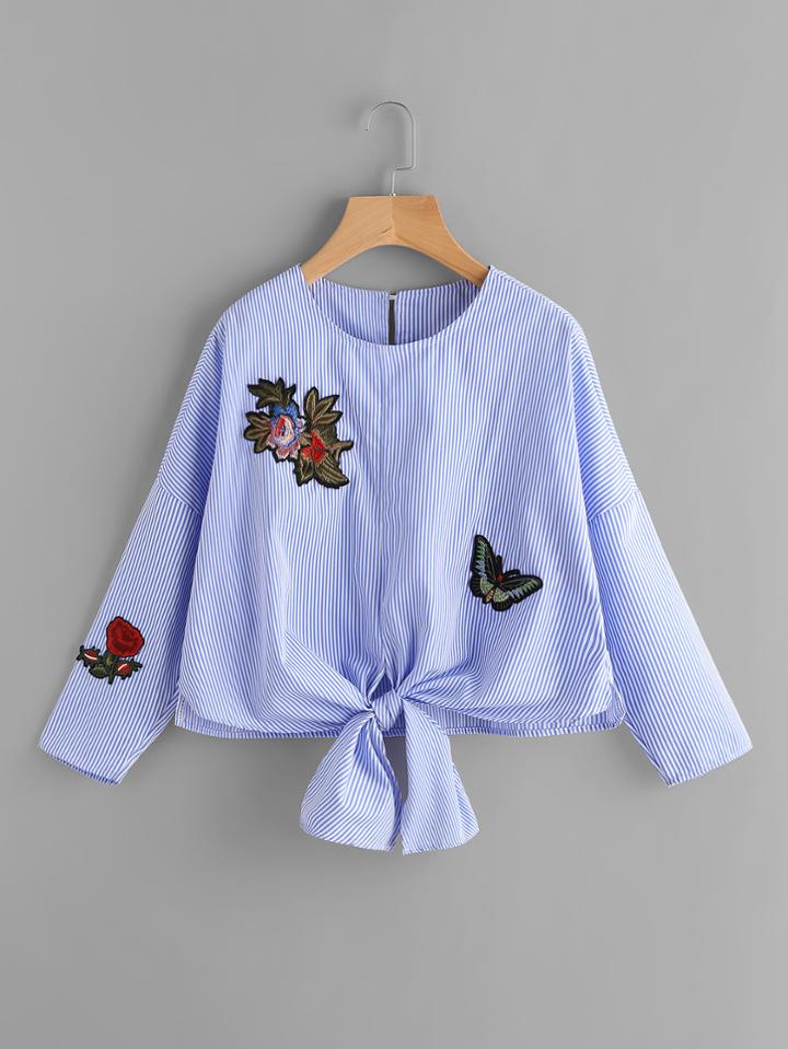 Romwe Vertical Striped Patch Detail Knot Front Blouse