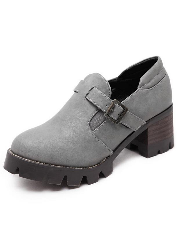 Romwe Grey Round Toe Buckle Strap Boots