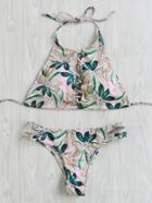 Romwe Foliage Print Crisscross Front Strappy Bikini Set