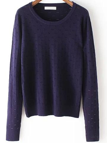 Romwe Long Sleeve Eyelet Navy Sweater