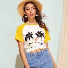 Romwe Coconut Tree Print Baseball Tee
