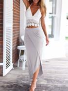 Romwe Halter Lace Top With Wraped Grey Skirt