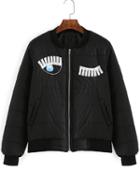 Romwe Eye Print Zipper Black Jacket