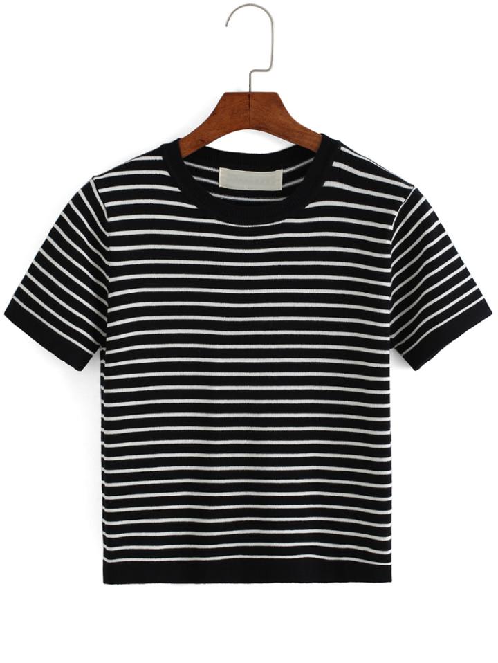 Romwe Short Sleeve Striped Black Sweater