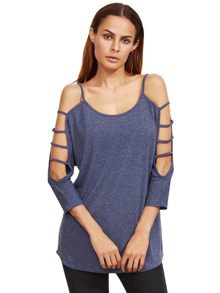 Romwe Blue Lattice Shoulder Long Sleeve T-shirt