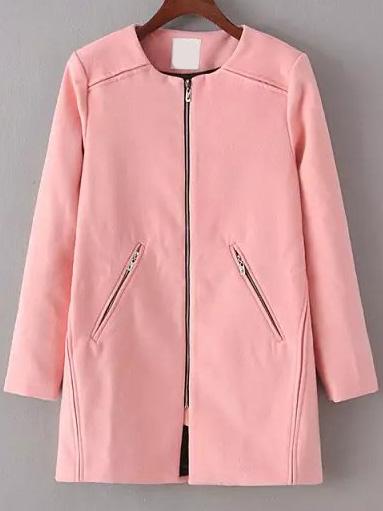Romwe Round Neck Zipper Woolen Pink Coat