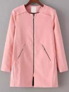 Romwe Round Neck Zipper Woolen Pink Coat