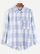 Romwe Blue Roll Tab Sleeve High Low Pocket Plaid Shirt
