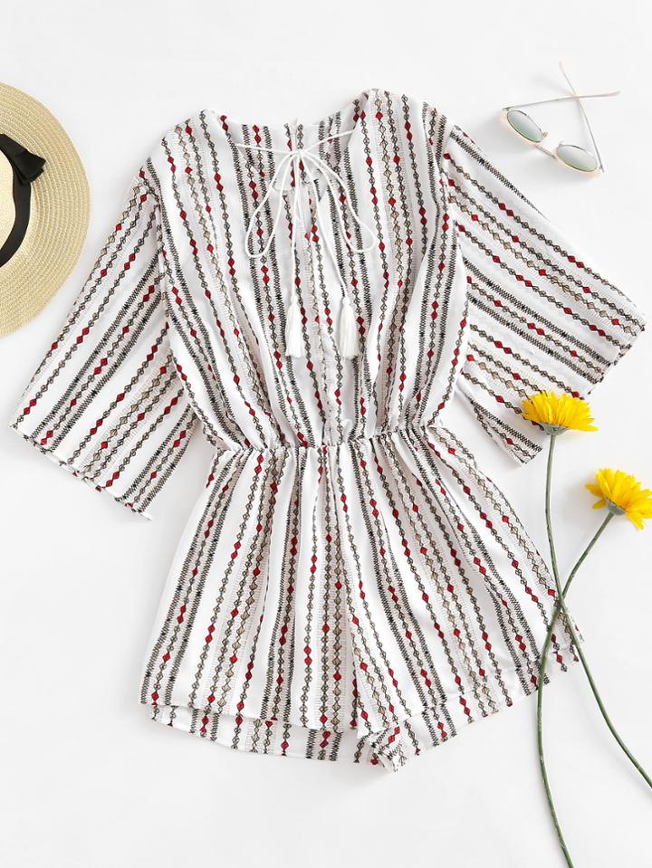 Romwe V-neckline Tassel Tie Neck Aztec Print Romper