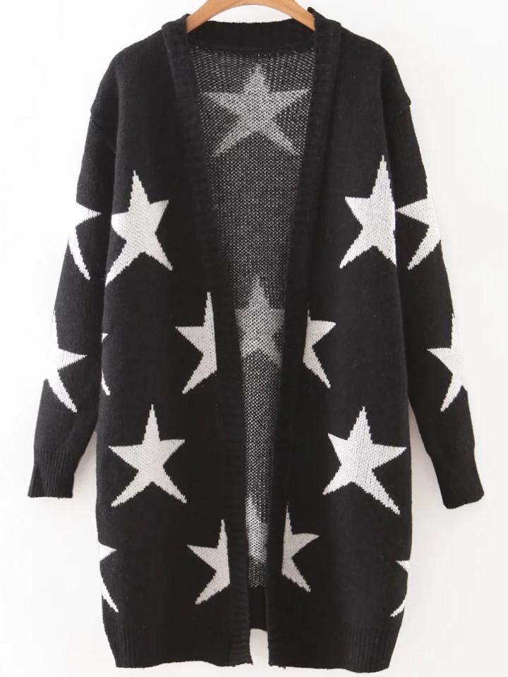 Romwe Black Collarless Ribbed Trim Star Cardigan