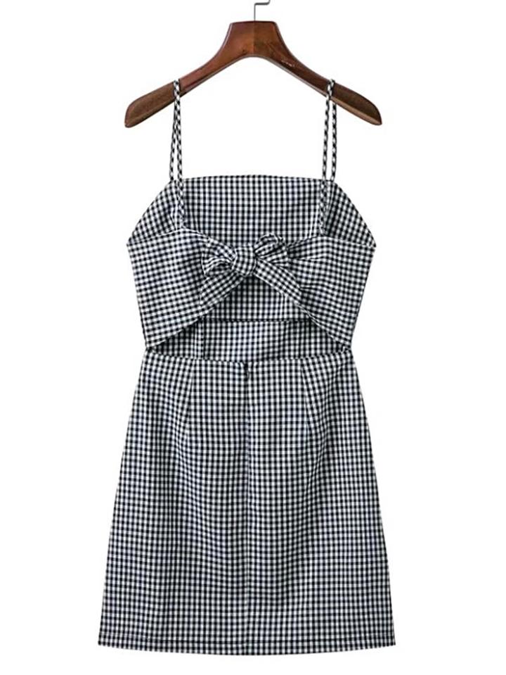 Romwe Cut Out Front Gingham Cami Dress With Bow