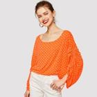 Romwe Drawstring Gathered Sleeve Polka-dot Tee