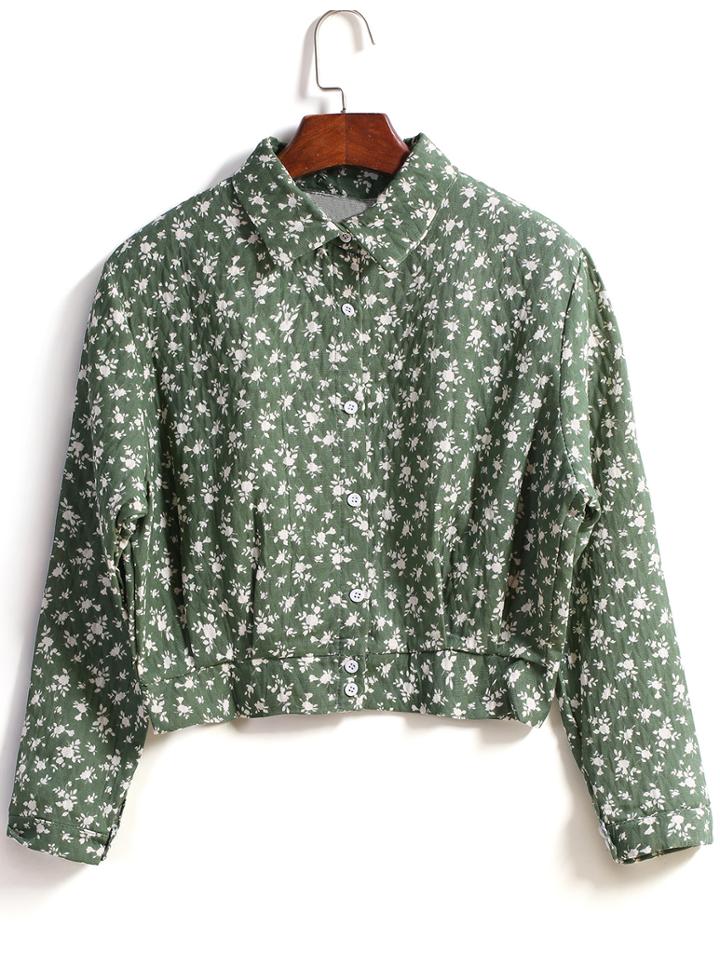 Romwe Long Sleeve Lapel With Buttons Crop Green Coat