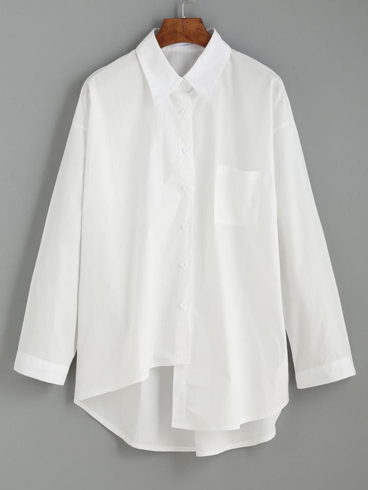 Romwe White Drop Shoulder Pocket Front Asymmetric Blouse