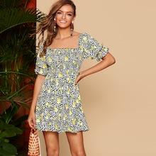 Romwe Leopard & Daisy Print Frill Detail Smock Dress