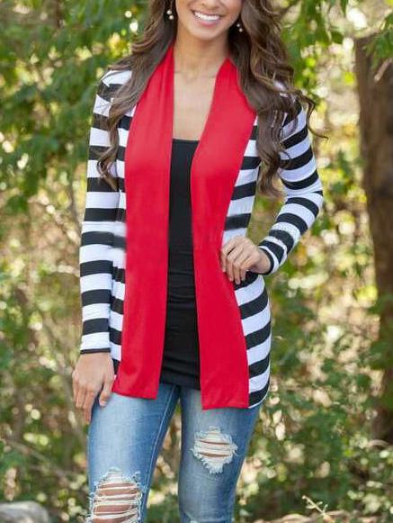 Romwe Long Sleeve Striped Red Coat