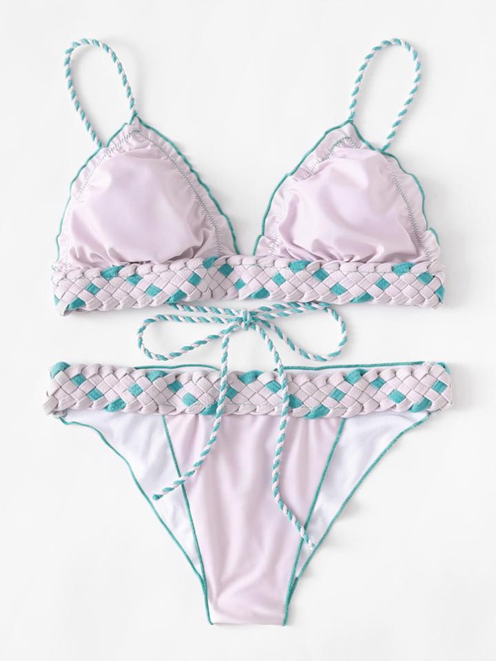Romwe Lettuce Trim Woven Ruched Detail Bikini Set