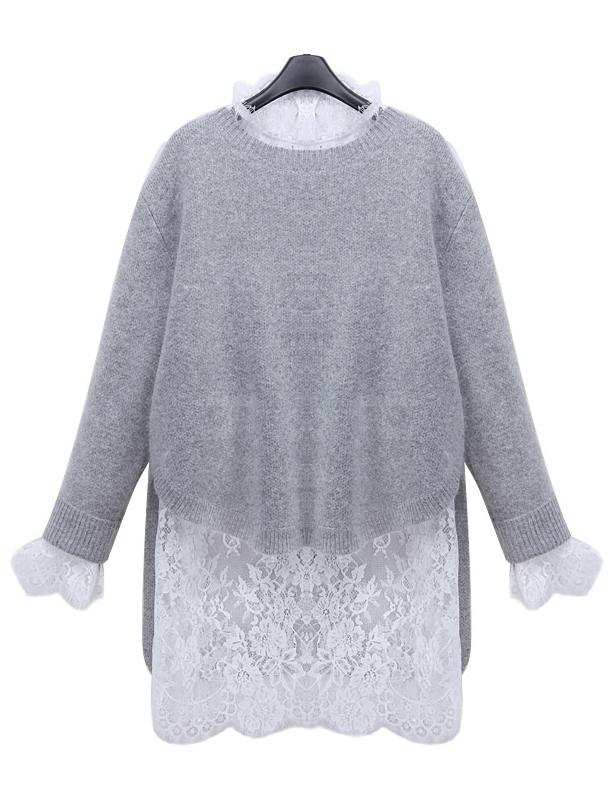 Romwe Long Sleeve Lace Top With Dip Hem Sweater