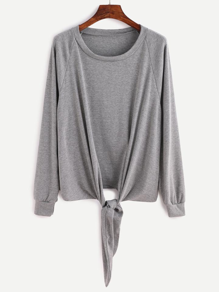 Romwe Grey Raglan Sleeve Knotted Sweatshirt