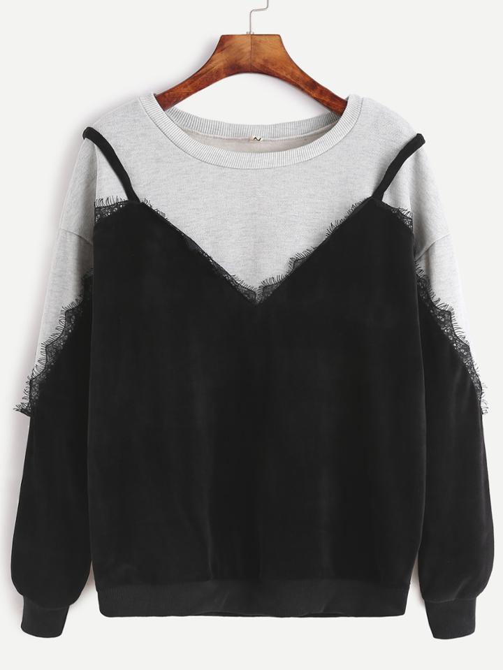 Romwe Color Block Lace Trim 2 In 1 Sweatshirt