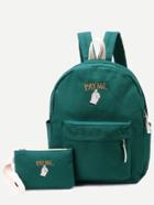 Romwe Green Front Zipper Canvas Backpack With Clutch