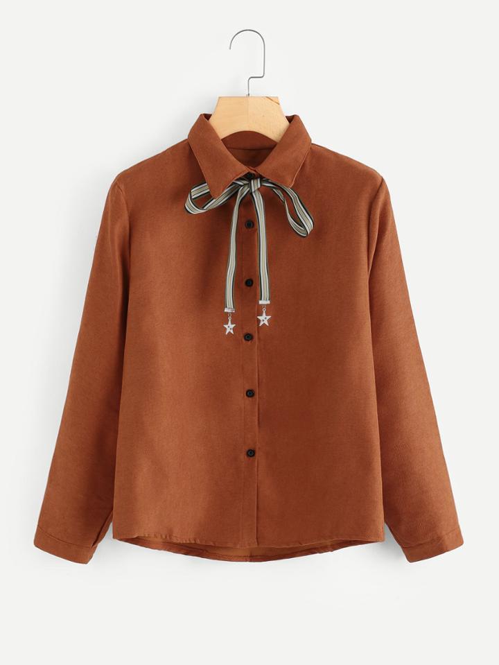 Romwe Tie Neck Single Breasted Shirt
