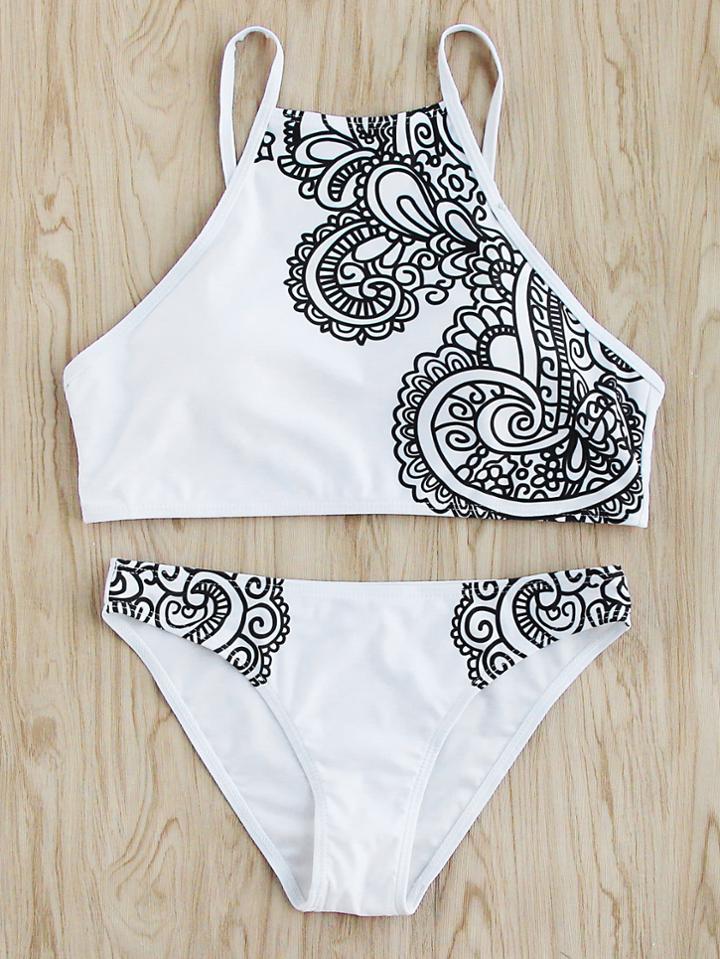 Romwe Retro Flower Print Bikini Set