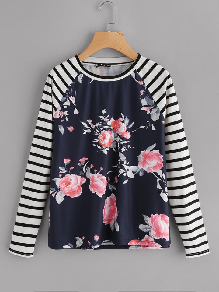 Romwe Striped Raglan Sleeve Floral Tee