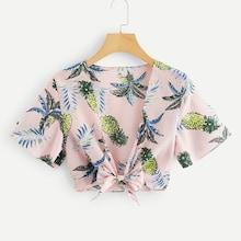 Romwe Foliage Print Knotted Top