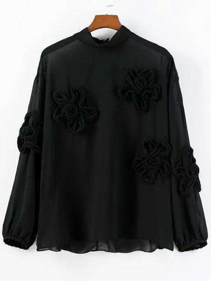 Romwe Stand Collar Disc Flowers Chiffon Black Blouse