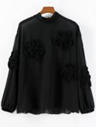 Romwe Stand Collar Disc Flowers Chiffon Black Blouse