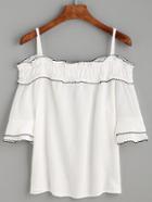 Romwe White Contrast Trim Ruffle Cold Shoulder Top