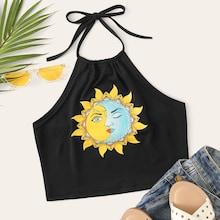 Romwe Cartoon Print Halter Top