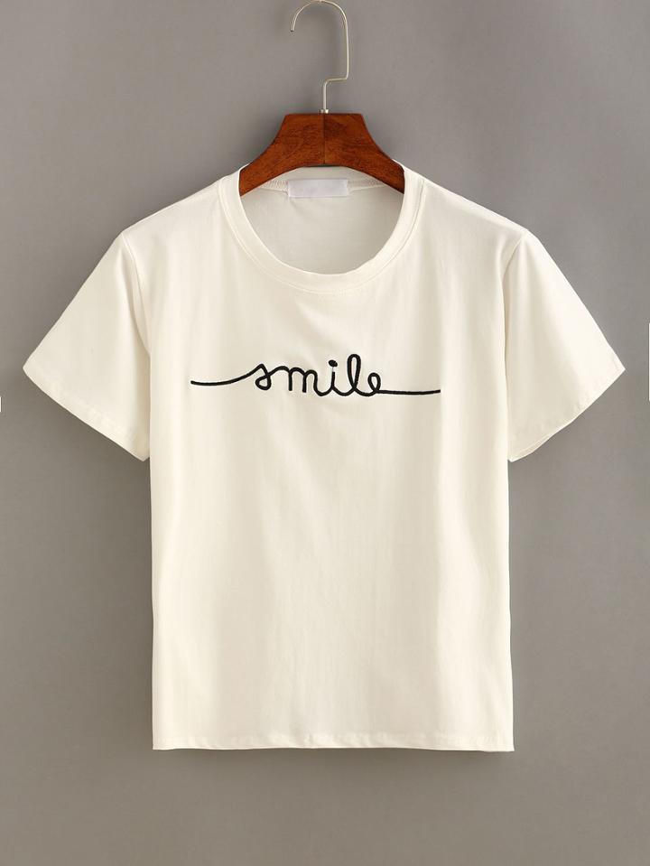 Romwe Letter Embroidered Short Sleeve T-shirt