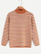 Romwe Brown Striped High Neck Sweater