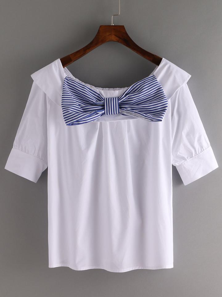 Romwe Striped Bow Embellished Folded Neck Top - White