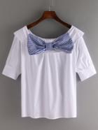 Romwe Striped Bow Embellished Folded Neck Top - White