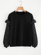Romwe Frill Trim Dotted Sleeve Sweatshirt